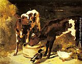 George W. Horlor Canvas Paintings - Calves Feeding